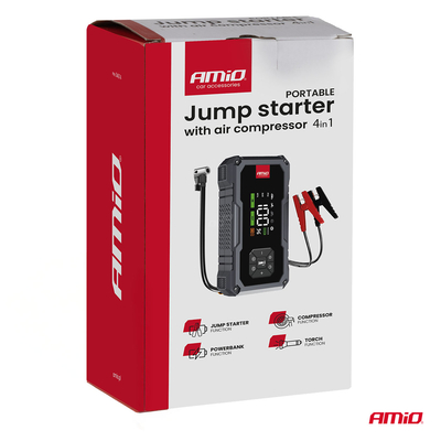 Amio - Φορητός Εκκινητής Μπαταρίας 4 σε 1 τύπου Jump Starter με Κομπρεσέρ Αέρα Φως LED και Powerbank τάση λειτουργίας 12V απόδοσης 7.2Ah 600A για Επιβατικά Αυτοκίνητα - 1 τεμ. (04674/AM)