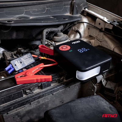 Amio - Φορητός Εκκινητής Μπαταρίας 4 σε 1 τύπου Jump Starter Mini με Κομπρεσέρ Αέρα Φως LED και Powerbank τάση λειτουργίας 12V απόδοσης 7.2Ah 600A για Επιβατικά Αυτοκίνητα - 1 τεμ. (04675/AM)