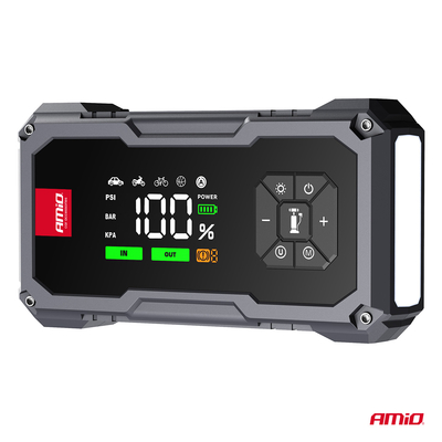 Amio - Φορητός Εκκινητής Μπαταρίας 4 σε 1 τύπου Jump Starter με Κομπρεσέρ Αέρα Φως LED και Powerbank τάση λειτουργίας 12V απόδοσης 7.2Ah 600A για Επιβατικά Αυτοκίνητα - 1 τεμ. (04674/AM)