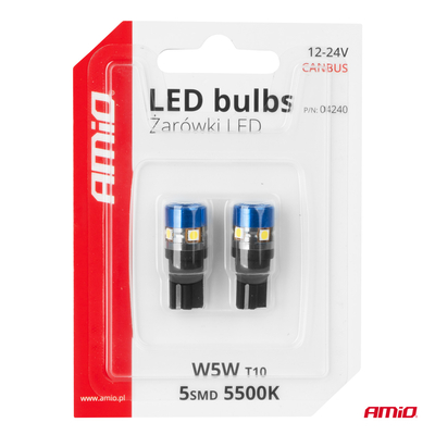Amio - Λάμπες LED T10 W5W τάση λειτουργίας 12/24V με 5xSMD 3030 Can-bus λευκό φως 5.500K (σε χρώμα μπλε-μαύρο) για Επιβατικά Αυτοκίνητα και Φορτηγά - 2 τεμ. (04240/AM)