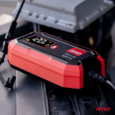 Amio - Φορτιστής Μπαταρίας Ψηφιακός PRO AGM GEL LiFePo4 (LFP) τάση λειτουργίας 6/12V ένταση ρεύματος 5A για Επιβατικά Αυτοκίνητα και Μοτοσυκλέτες - 1 τεμ. (04527/AM)