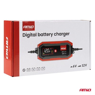 Amio - Φορτιστής Μπαταρίας Ψηφιακός PRO AGM GEL LiFePo4 (LFP) τάση λειτουργίας 6/12V ένταση ρεύματος 5A για Επιβατικά Αυτοκίνητα και Μοτοσυκλέτες - 1 τεμ. (04527/AM)