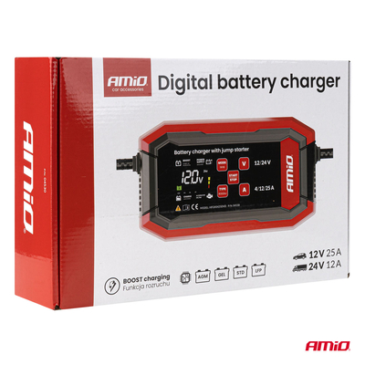 Amio - Εκκινητής / Φορτιστής Μπαταρίας Ψηφιακός PRO AGM GEL LiFePo4 (LFP) τάση λειτουργίας 12/24V ένταση ρεύματος 25A για Επιβατικά Αυτοκίνητα και Φορτηγά - 1 τεμ. (04530/AM)