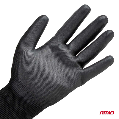 Amio - Γάντια Εργασίας ελαστικά με επικάλυψη πολυουρεθάνης χρώμα μαύρο μέγεθος No.8 - 2 ζευγ. (04631/AM)