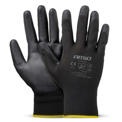 Amio - Γάντια Εργασίας ελαστικά με επικάλυψη πολυουρεθάνης χρώμα μαύρο μέγεθος No.10 - 2 ζευγ. (04633/AM)