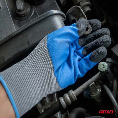 Amio - Γάντια Εργασίας με επικάλυψη αφρού λάτεξ χρώμα γκρι/γαλάζιο/μαύρο μέγεθος No.9 - 2 ζευγ. (04644/AM)