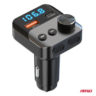Amio - FM Transmitter Αναπτήρα τύπου FMT01 τάση λειτουργίας για Επιβατικά Αυτοκίνητα και Φορτηγά με 1xUSB Type-A και 1xUSB Type-C για Επιβατικά Αυτοκίνητα και Φορτηγά - 1 τεμ. (04647/AM)