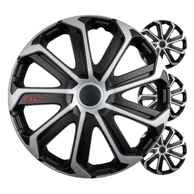 Amio - Σετ Τάσια Τροχών 15'' ιντσών, Μοντέλο EVO, Χρώμα Μαύρο / Ασημί – Σετ 4 τεμαχίων σε Κουτί (9757/AM)