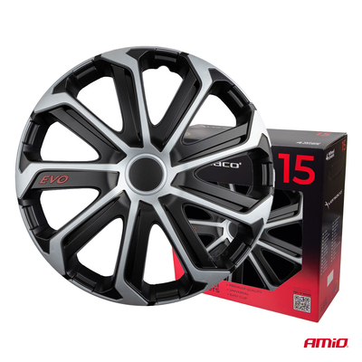 Amio - Σετ Τάσια Τροχών 15'' ιντσών, Μοντέλο EVO, Χρώμα Μαύρο / Ασημί – Σετ 4 τεμαχίων σε Κουτί (9757/AM)