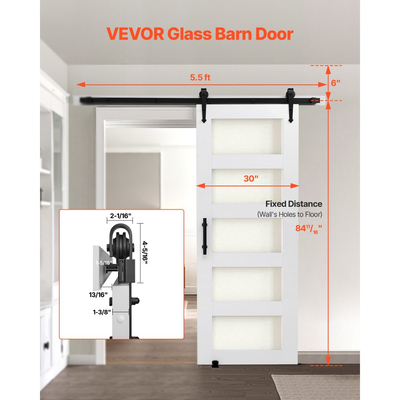 Συρόμενη Πόρτα Αχυρώνα VEVOR, 762 x 2134mm, Πάνελ και Γυαλί Υψηλής Αντοχής από MDF, Πόρτα Αχυρώνα με Κιτ Μηχανισμών, Αδιάβροχη Επιφάνεια PVC, Εύκολη Εγκατάσταση, Πλαίσιο H, Ομαλά και Αθόρυβα Συρόμενη για Σαλόνι