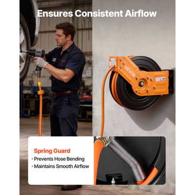 Ανασυρόμενο καρούλι λάστιχου αέρα VEVOR, υβριδικός λάστιχο αέρα 15m x 9,5mm μέγιστο 300PSI, καρούλι λάστιχων αεροσυμπιεστή με αυτόματη επανατύλιξη με είσοδο 1,52 m, περιστρεφόμενη 180° τοποθέτηση σε οροφή/τοίχο για συνεργεία γκαράζ