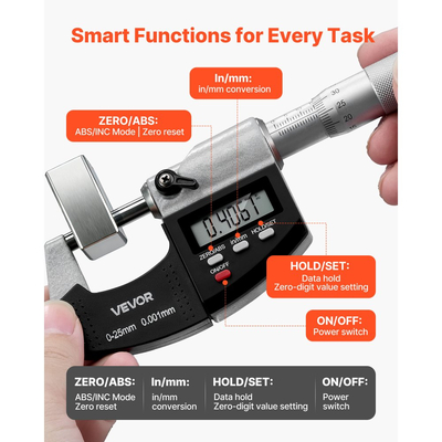 Σετ μικρομέτρων VEVOR, Ψηφιακό εξωτερικό μικρόμετρο, εύρος μέτρησης 0-25,4 mm, ανάλυση 0,001 mm, ακρίβεια εξαιρετικά ακριβείας, οθόνη LCD, διακόπτης in/mm, άκρη καρβιδίου, με προστατευτική θήκη