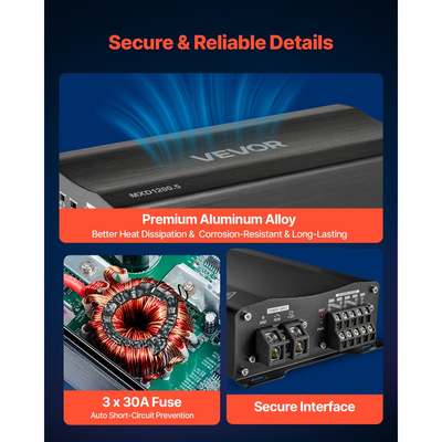 Ενισχυτής ήχου αυτοκινήτου VEVOR, 5-καναλικός γεφυρώσιμος ενισχυτής αυτοκινήτου, Πολυκαναλικός στερεοφωνικός ενισχυτής κατηγορίας D, Μέγ. 4 x 100W στα 4 Ohms / 4 x 200W στα 2 Ohms + 1 x 1000W στα 2 Ohms / 1 x 500W στα 4 Ohms, για οχήματα