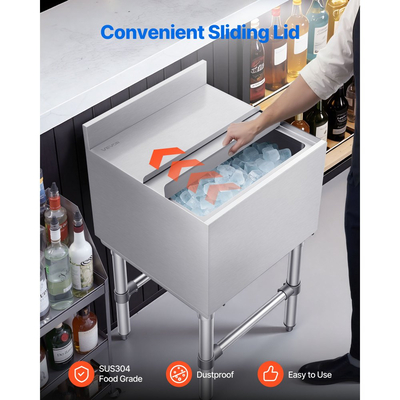 Κάδος πάγου VEVOR Commercial, μέγιστη χωρητικότητα 46,7 L, ψυγείο πάγου από ανοξείδωτο ατσάλι 455 x 455 x 850 mm με συρόμενο καπάκι και θήκες για μπουκάλια, ψυγείο-καρότσι για κοκτέιλ για μπαρ, εστιατόριο, παμπ, με πιστοποίηση NSF