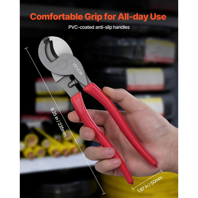 Κόφτης καλωδίων υψηλής μόχλευσης VEVOR, συμπαγής 235 mm, σφυρήλατες λεπίδες και λαβές με επίστρωση PVC, πένσα κοπής καλωδίων βαρέως τύπου για αλουμίνιο 4/0 AWG, μαλακό χαλκό 2/0 AWG και καλώδιο επικοινωνίας 100 ζευγών 24AWG