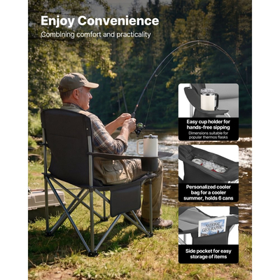 Καρέκλες κάμπινγκ VEVOR μεγάλου μεγέθους, 204 kg βαρέως τύπου στήριξη, φορητές πτυσσόμενες καρέκλες κάμπινγκ με επενδεδυμένη πλάτη και μπράτσα, θήκη για ποτήρια και πλαϊνή τσέπη, τσάντα ψυγείου, τσάντες μεταφοράς για υπαίθριες δραστηριότητες, ψάρεμα, 2 τεμάχια