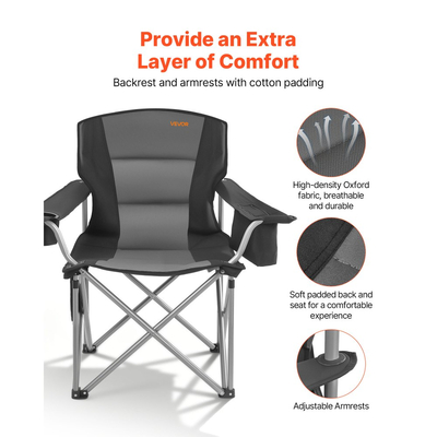 Καρέκλες κάμπινγκ VEVOR μεγάλου μεγέθους, 204 kg βαρέως τύπου στήριξη, φορητές πτυσσόμενες καρέκλες κάμπινγκ με επενδεδυμένη πλάτη και μπράτσα, θήκη για ποτήρια και πλαϊνή τσέπη, τσάντα ψυγείου, τσάντες μεταφοράς για υπαίθριες δραστηριότητες, ψάρεμα, 2 τεμάχια