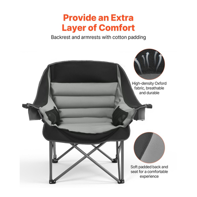 VEVOR Υπερμεγέθεις Καρέκλες Κάμπινγκ, Βαρέως Τύπου 204 kg, Φορητές Πτυσσόμενες Καρέκλες Κάμπινγκ με Επενδυμένη Επένδυση και Διπλές Θήκες για Ποτήρια & Θήκες για Ποτήρια Κρασιού, Τσάντα Μεταφοράς για Υπαίθριες Χρήσης, Ψάρεμα, Μαύρο & Γκρι, 1 Πακέτο
