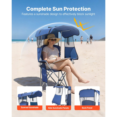 Πολυθρόνα κάμπινγκ VEVOR με σκίαστρο, πτυσσόμενη καρέκλα θαλάσσης με σκίαστρο και θήκη για γεμιστήρες, 2 θήκες για ποτήρια, στήριξη βαρέως τύπου 150 kg, τσάντες μεταφοράς για εξωτερικούς χώρους, κάμπινγκ, ψάρεμα, πίσω πόρτες, βαθύ μπλε