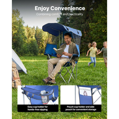 Πολυθρόνα κάμπινγκ VEVOR με σκίαστρο, πτυσσόμενη καρέκλα θαλάσσης με σκίαστρο και θήκη για γεμιστήρες, 2 θήκες για ποτήρια, στήριξη βαρέως τύπου 150 kg, τσάντες μεταφοράς για εξωτερικούς χώρους, κάμπινγκ, ψάρεμα, πίσω πόρτες, βαθύ μπλε