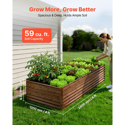 Γαλβανισμένο υπερυψωμένο παρτέρι VEVOR, 240 x 120 x 62 cm, Ορθογώνιο μεταλλικό κουτί γλάστρας εξωτερικού χώρου, Υπερυψωμένο κουτί φύτευσης χωρίς πάτο με γάντια, Alu-Zinc, για καλλιέργεια λουλουδιών και λαχανικών, βαθύ ξύλο