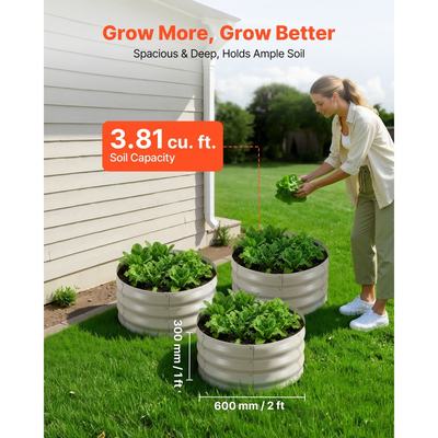 VEVOR 3 τεμάχια γαλβανισμένα υπερυψωμένα παρτέρια κήπου, 60 x 60 x 30 cm, Κιτ στρογγυλών μεταλλικών κουτιών γλάστρας εξωτερικού χώρου, υπερυψωμένα κουτιά κήπου χωρίς πάτο με γάντια, Alu-Zinc, για φύτευση λουλουδιών λαχανικών βοτάνων, μπεζ