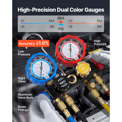 Σετ μετρητών πολλαπλής εισαγωγής AC VEVOR για ψυκτικό R134a R404A R1234yf R22, μετρητής AC 4 κατευθύνσεων με σωλήνες 1,5 m, προσαρμογείς, ταχυσύνδεσμοι, βρύσες για συντήρηση κλιματιστικών αυτοκινήτων, εκκένωση φόρτισης