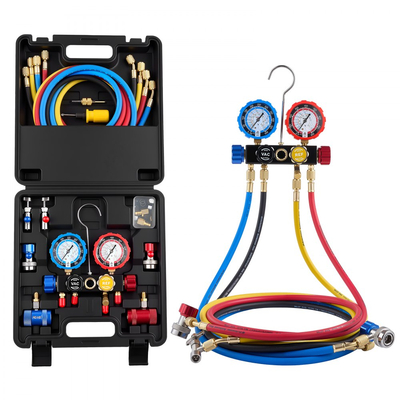 Σετ μετρητών πολλαπλής εισαγωγής AC VEVOR για ψυκτικό R134a R404A R1234yf R22, μετρητής AC 4 κατευθύνσεων με σωλήνες 1,5 m, προσαρμογείς, ταχυσύνδεσμοι, βρύσες για συντήρηση κλιματιστικών αυτοκινήτων, εκκένωση φόρτισης