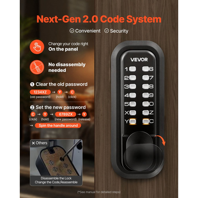 Μηχανική κλειδαριά εισόδου χωρίς κλειδί VEVOR, αναβάθμιση κωδικού 2.0, κωδικός 4-7 ψηφίων, μηχανικό πληκτρολόγιο με συνδυασμό κουμπιών μονής όψης, αυτόματο κλείδωμα, για πύλες κήπου, εσωτερικού ή εξωτερικού χώρου, μαύρο