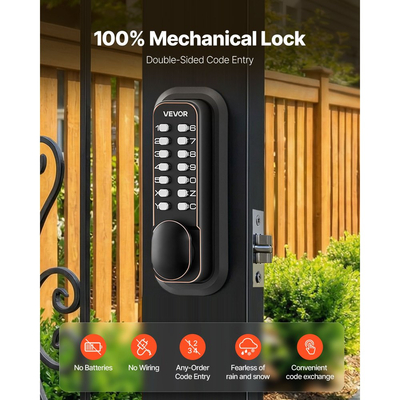 Μηχανική κλειδαριά πόρτας VEVOR χωρίς κλειδί, αναβάθμιση κωδικού 2.0, κωδικός 4-7 ψηφίων, μηχανικό πληκτρολόγιο διπλής όψης με συνδυασμό κουμπιών, αυτόματο κλείδωμα, για εσωτερικό ή εξωτερικό χώρο, μπρούντζος με τριβή λαδιού