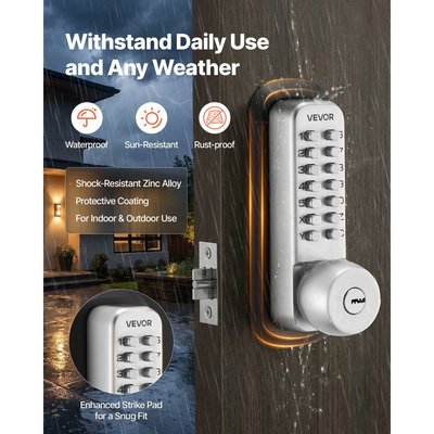 Μηχανική κλειδαριά εισόδου χωρίς κλειδί VEVOR, αναβάθμιση κωδικού 2.0, κωδικός 4-7 ψηφίων, μηχανικό πληκτρολόγιο με συνδυασμό κουμπιών μονής όψης, αυτόματο κλείδωμα, για πύλες κήπου, εσωτερικού ή εξωτερικού χώρου, ασημί