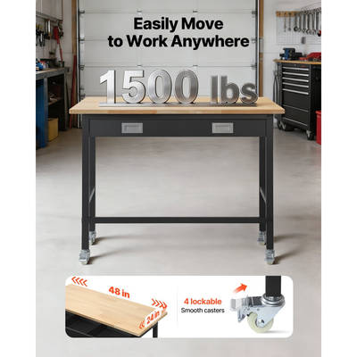 Πάγκος εργασίας VEVOR 1220 mm, χωρητικότητα φορτίου 680 kg, πάγκος εργασίας γκαράζ με συρτάρι και ρόδες, πάγκος εργαστηρίου με ρόδες, βαρέως τύπου τραπέζι εργασίας από ξύλο βελανιδιάς για γκαράζ, εργαστήριο, γραφείο και σπίτι