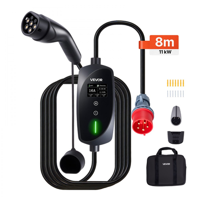 Φορητός επιτοίχιος φορτιστής VEVOR, 11 kW 16A, Φορητός φορτιστής ηλεκτρικού οχήματος τύπου 2, Τριφασικός φορτιστής ηλεκτρικού οχήματος αυτοκινήτου με καλώδιο φόρτισης 8 μέτρων, βύσμα CEE16, οθόνη LCD, ρυθμιζόμενος σταθμός φόρτισης ηλεκτρικού οχήματος, κιβώτιο ελέγχου IP66