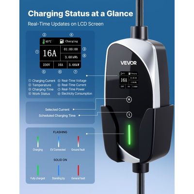 Φορητός επιτοίχιος φορτιστής VEVOR, 3,6 kW 16A, Φορητός φορτιστής ηλεκτρικού οχήματος τύπου 2, Μονοφασικός φορτιστής αυτοκινήτου ηλεκτρικού οχήματος με καλώδιο φόρτισης 6 μέτρων, βύσμα Schuko16A, οθόνη LCD, ρυθμιζόμενος σταθμός φόρτισης ηλεκτρικού οχήματος, κιβώτιο ελέγχου IP66