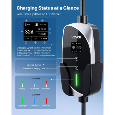 Φορητός επιτοίχιος φορτιστής VEVOR, 7,4 kW 32A, Φορητός φορτιστής ηλεκτρικού οχήματος τύπου 2, Μονοφασικός φορτιστής αυτοκινήτου ηλεκτρικού οχήματος με καλώδιο φόρτισης 6 μέτρων, βύσμα CEE, οθόνη LCD, ρυθμιζόμενος σταθμός φόρτισης ηλεκτρικού οχήματος, κιβώτιο ελέγχου IP66