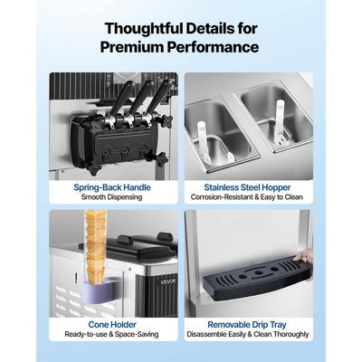 Επαγγελματική μηχανή παγωτού VEVOR, απόδοση 20-28 λίτρα/ώρα, ανεξάρτητη παγωτομηχανή soft serve 2200W 3 γεύσεων με 2 χοάνες των 6 λίτρων και ανακίνηση χοάνης, αυτοκαθαριζόμενος με πρόψυξη για καταστήματα σνακ και επιδόρπια