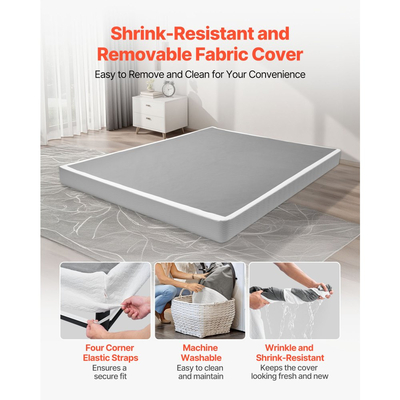 VEVOR Κουτί με ελατήρια, Σκελετός κρεβατιού Queen Size με πλενόμενο ύφασμα, Μεταλλικός σκελετός βαρέως τύπου για κρεβάτι Queen Size, Βάση στρώματος 102 mm, Μέγιστη χωρητικότητα βάρους 1587,57 kg, Εύκολη συναρμολόγηση, 2010 x 1510 x 102 mm