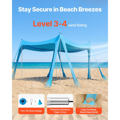 Σκηνή παραλίας VEVOR, προστασία από τον ήλιο UPF50+, ύψος 2 μ., 3x3 μ., εύκολα αναδιπλούμενο στέγαστρο παραλίας με σακούλες άμμου, μπατόν σταθερότητας, φτυάρια άμμου, φορητό σκίαστρο για οικογενειακές εξόδους, κάμπινγκ, ψάρεμα, μπλε