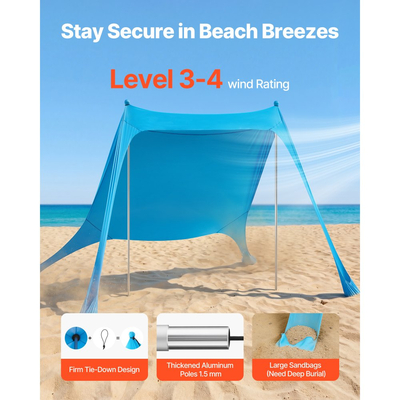 Σκηνή παραλίας VEVOR, αντηλιακή προστασία UPF50+, ύψος 2 μ., 2,3 x 2,3 μ., εύκολα αναδιπλούμενο τέντα παραλίας με σακούλες άμμου, μπατόν σταθερότητας, φτυάρια άμμου, φορητή σκίαση για οικογενειακές εξόδους, κάμπινγκ, ψάρεμα