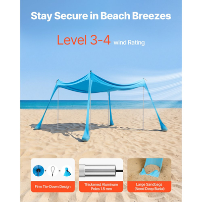 Σκηνή παραλίας VEVOR, προστασία από τον ήλιο UPF50+, ύψος 2 μ., 3 x 3 μ., εύκολα αναδιπλούμενο στέγαστρο παραλίας με 4 σακούλες άμμου, ραβδιά σταθερότητας, φτυάρια άμμου, φορητή σκίαση για οικογενειακές εξόδους, κάμπινγκ, ψάρεμα