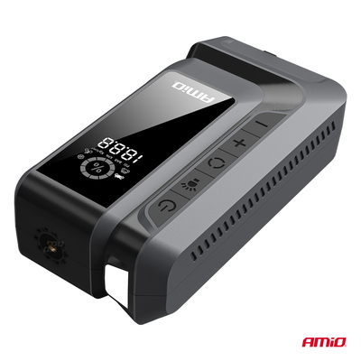 Amio - Φορητός Εκκινητής Μπαταρίας (Jump Starter) 4 σε 1 με ενσωματωμένο Κομπρεσέρ Αέρα, Powerbank και Φακό LED τάση λειτουργίας 12V με χωρητικότητα 12Ah και μέγιστο ρεύμα εκκίνησης 1600A για Επιβατικά Αυτοκίνητα - 1 τεμ. (04677/AM)