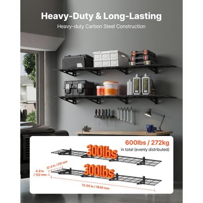 Ράφια τοίχου γκαράζ VEVOR 2 επιπέδων βαρέως τύπου, 4 τεμάχια, μεταλλική μονάδα επιτοίχιας ραφιέρας 305 x 914 mm, πλωτή μεταλλική βάση αποθήκευσης 305 x 1828 mm ανά ράφι για γκαράζ, συνολική χωρητικότητα βάρους 272 kg, μαύρο