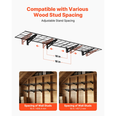 Ράφια τοίχου γκαράζ VEVOR 2 επιπέδων βαρέως τύπου, 4 τεμάχια, μεταλλική μονάδα επιτοίχιας ραφιέρας 305 x 914 mm, πλωτή μεταλλική βάση αποθήκευσης 305 x 1828 mm ανά ράφι για γκαράζ, συνολική χωρητικότητα βάρους 272 kg, μαύρο