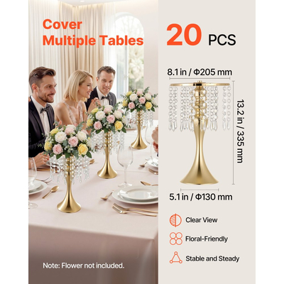 Βάζο γάμου VEVOR 20 τεμαχίων, κεντρικά διακοσμητικά τραπεζιού λουλουδιών ύψους 33,5 cm, κρυστάλλινα βάζα δεξιώσεων εύκολης εγκατάστασης, επιμεταλλωμένο φινίρισμα, ευέλικτη βάση για διακόσμηση σπιτιού για πάρτι, χρυσό