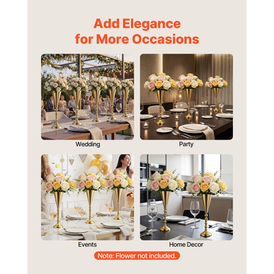 Βάζο λουλουδιών γάμου VEVOR 20 τεμαχίων, κεντρικά διακοσμητικά τραπεζιού με λουλούδια τρομπέτας ύψους 43 cm, βάζα δεξιώσεων εύκολης εγκατάστασης, ηλεκτρολυτικά επιμεταλλωμένη ευέλικτη βάση για πάρτι, διακόσμηση σπιτιού, δεξίωση, χρυσό