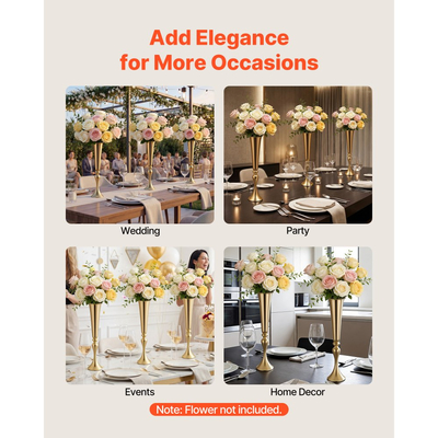 Βάζο λουλουδιών γάμου VEVOR 12 τεμαχίων, κεντρικά διακοσμητικά τραπεζιού με λουλούδια τρομπέτας ύψους 55 cm, βάζα δεξιώσεων εύκολης εγκατάστασης, ηλεκτρολυτικά επιμεταλλωμένη ευέλικτη βάση για πάρτι, διακόσμηση σπιτιού, δεξίωση, χρυσό