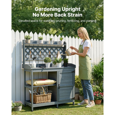 Τραπέζι VEVOR Potting, Ξύλινος Σταθμός Εργασίας Κηπουρικής Εξωτερικού Χώρου με Ντουλάπι Αποθήκευσης, Ράφια Αποθήκευσης, Ξύλινη Επιφάνεια Εργασίας 110 x 46 cm, Σταθμός Εργασίας Φύτευσης Κήπου για Αίθριο, Αυλή, Μπαλκόνι, Γκρι