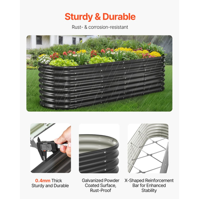 Μεταλλικό υπερυψωμένο παρτέρι VEVOR, 2,4 x 0,6 x 0,6 m οβάλ εξωτερικό κουτί κήπου από γαλβανισμένο γαλβανισμένο σκελετό, ανοιχτού πάτου, μεγάλη υπερυψωμένη γλάστρα για καλλιέργεια λαχανικών, λουλουδιών, βοτάνων, παχύφυτων, σκούρο γκρι