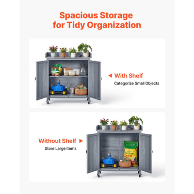 Τραπέζι VEVOR Potting, Ξύλινο ντουλάπι αποθήκευσης εξωτερικού χώρου κηπουρικής με επιφάνεια από γαλβανισμένο σίδερο 91,5 x 40,5 cm, Σταθμός εργασίας κήπου με μεγάλο χώρο αποθήκευσης, 4 ροδάκια για βεράντα, πίσω αυλή, γκρι