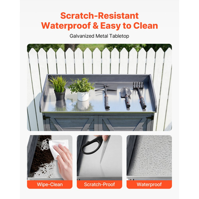 Τραπέζι VEVOR Potting, Ξύλινο ντουλάπι αποθήκευσης εξωτερικού χώρου κηπουρικής με ξύλινη επιφάνεια 98 x 48 cm, Σταθμός εργασίας φύτευσης κήπου με μεγάλο χώρο αποθήκευσης για βεράντα, πίσω αυλή, γκρι